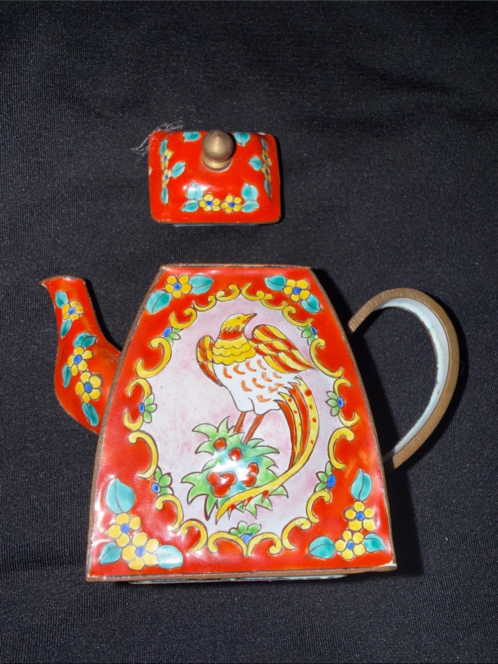 Miniature Tea Pot Enamel Floral Bird Teapot vintage Asian Collection